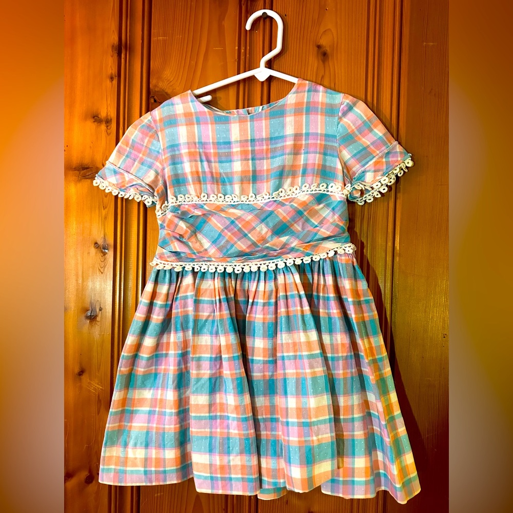 Vintage girls, dress, blue, purple and peach plaid size 3T